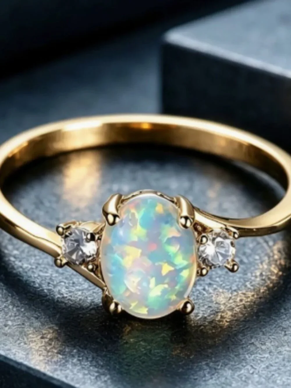 Women Oval Opal Statement Ring Gold Tone Clear Accent Stones Cocktail Ring